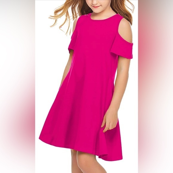 Other - Bright Pink Rose Red Short Sleeve Cold Shoulder Swing Casual Dress